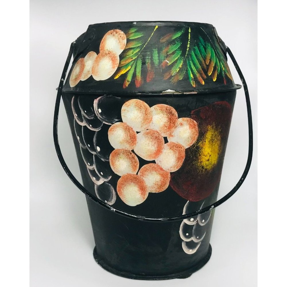 Vintage Tole Painted Bucket Handle Hand Painted Metalware Toleware 8" Black